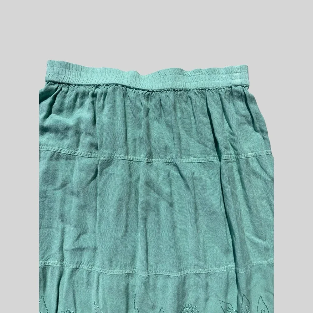 Serengeti Tiered Embroidered Midi Skirt Aqua Mint Boho Elastic Waist Rayon M